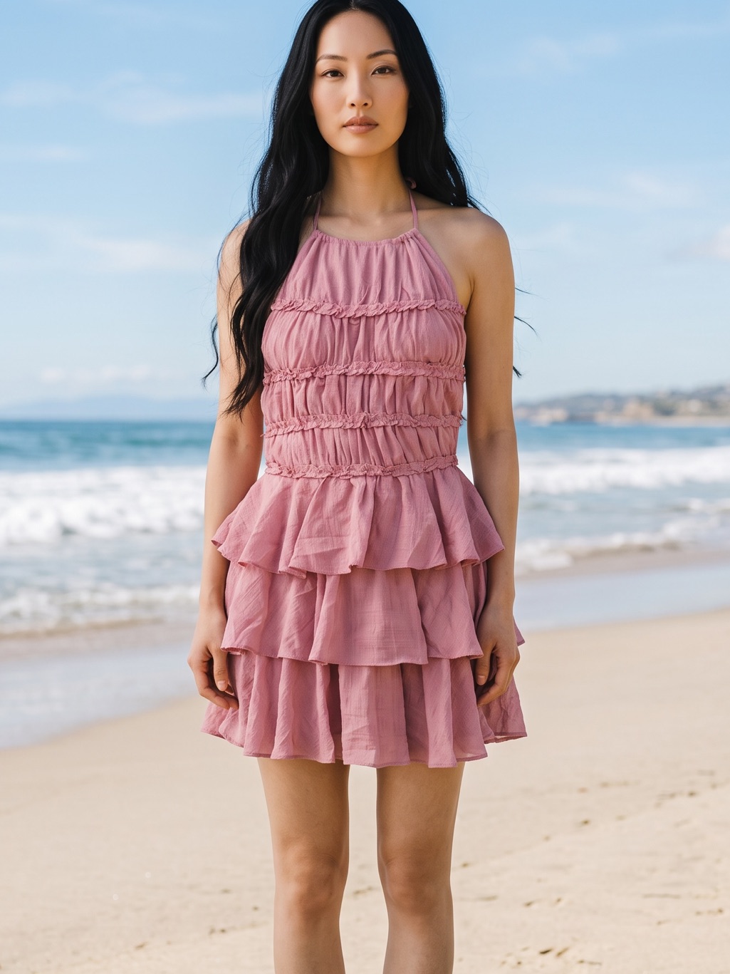 Lush Women’s Size Medium Halter Tiered Ruffle Mini Dress Pink On Pink Plaid $100